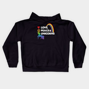 Love Peace and Unicorns Shirt Rainbow Colors illustration shades Kids Hoodie